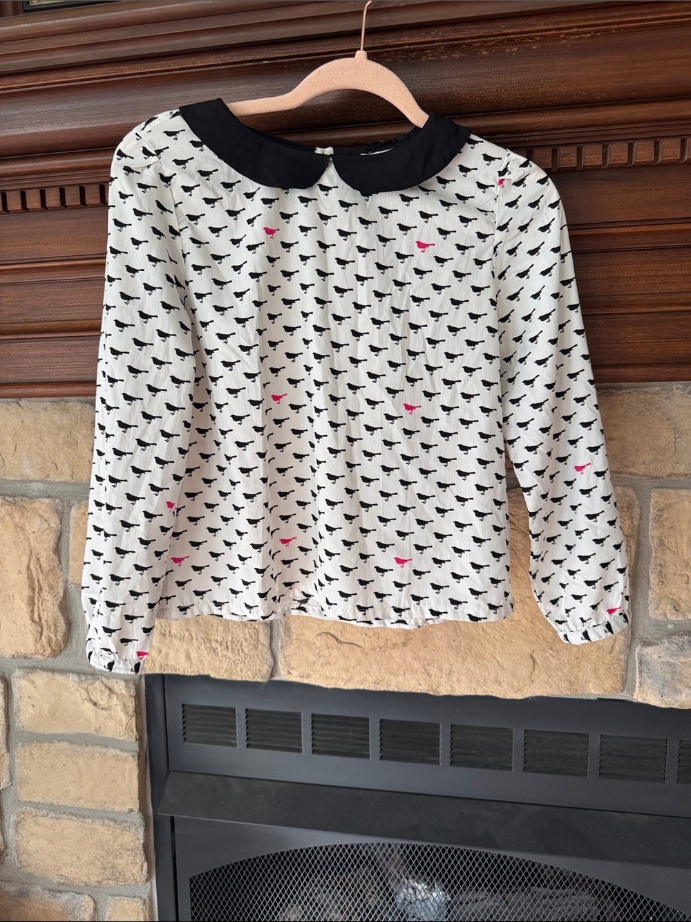 Forever 21 Girls Black Collar Black & Pink Bird Print Top size 13/14